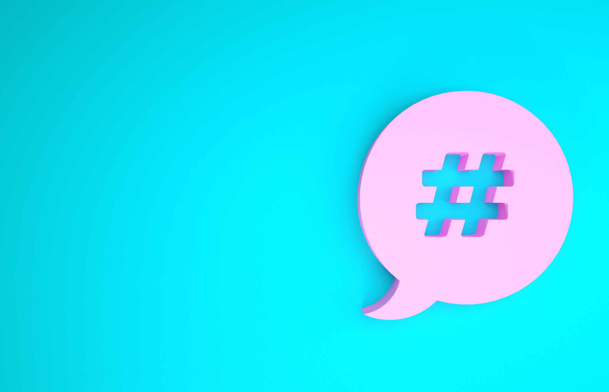 Pink Hashtag Speech Bubble Icon Isolated on Blue Background. Concept of Number Sign, Social Media Marketing, Micro Blogging. Minimalism Concept. 3D Illustration 3D Render